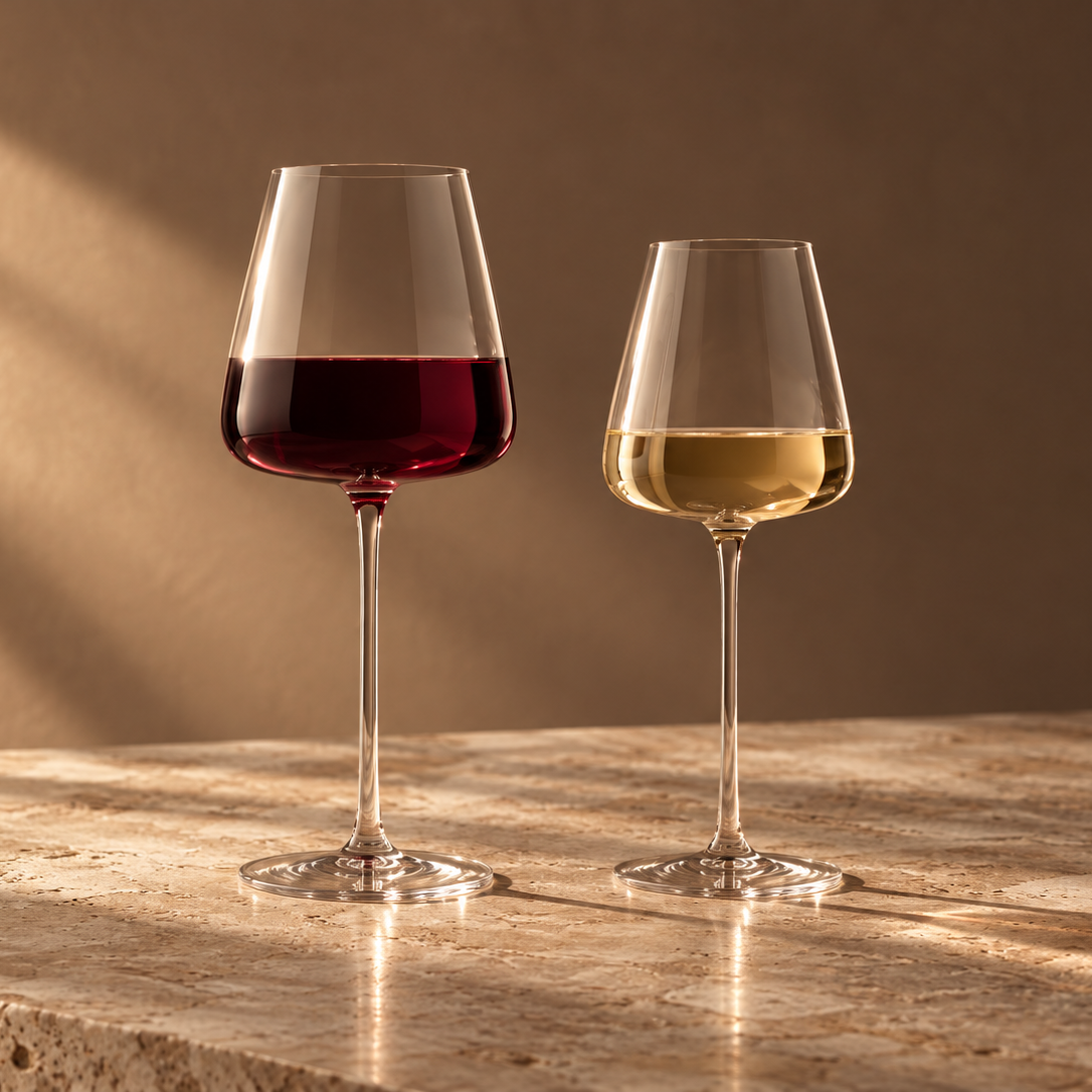 Two stemmed wine glasses on a stone surface, one filled with red wine and the other with white wine, against a warm brown background with soft sunlight and shadows.